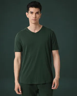 Rare Rabbit Articale Men's Cleok Mountain Green Solid V-Neck Relaxed Fit Half Sleeves T-Shirt