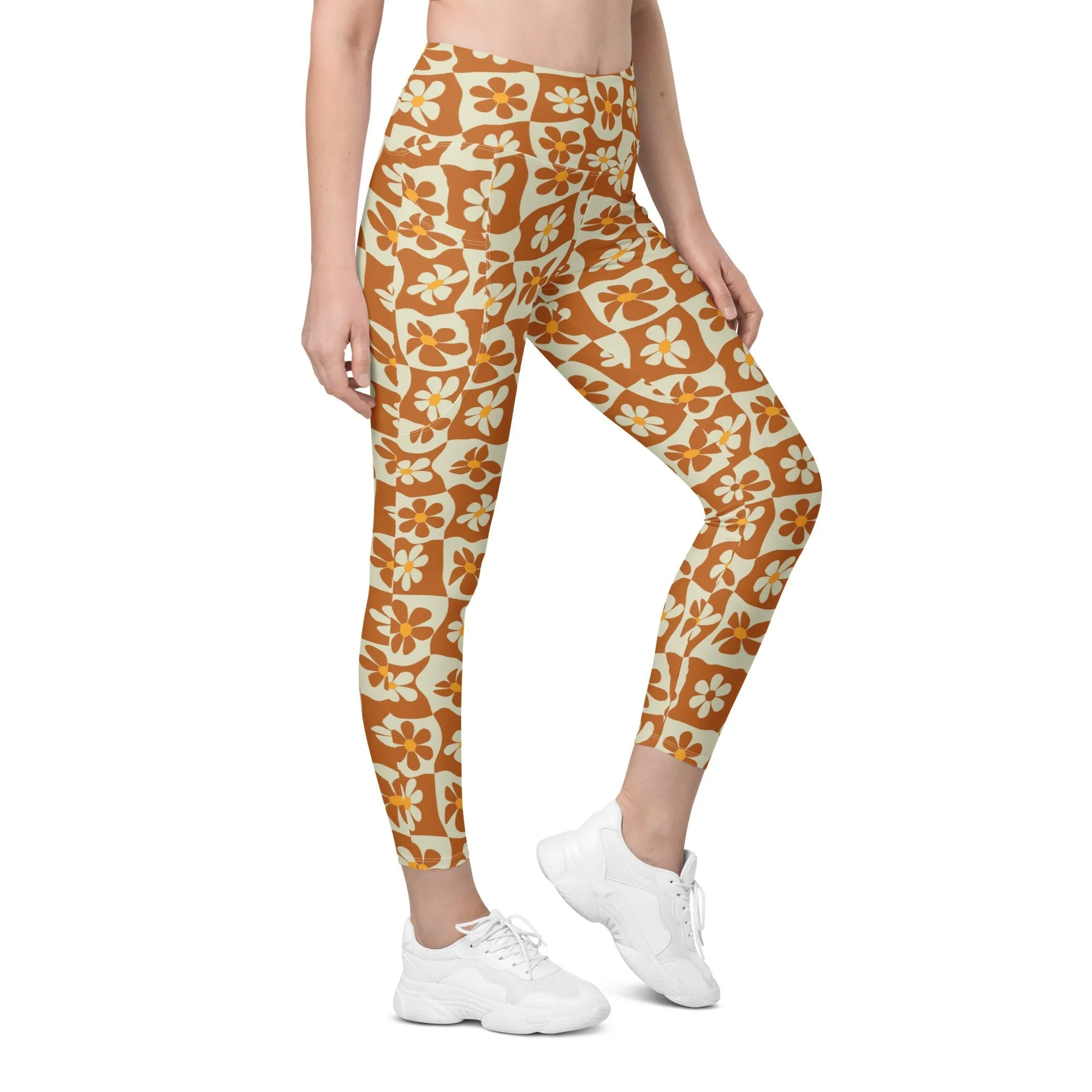 Retro Flower Checkerboard Leggings With Pockets