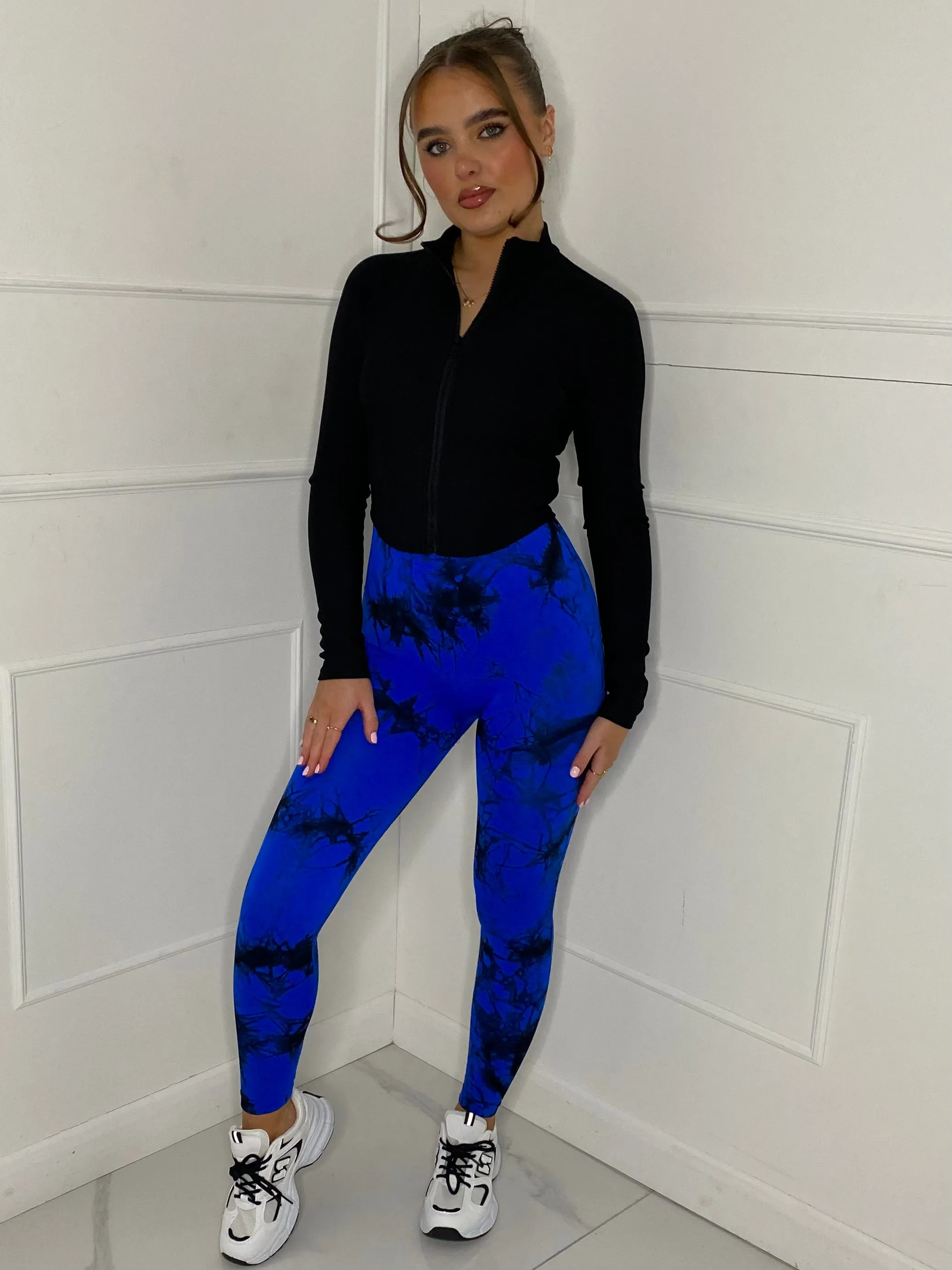 Ruched Bum Gym Leggings - Blue/Black Tie Dye