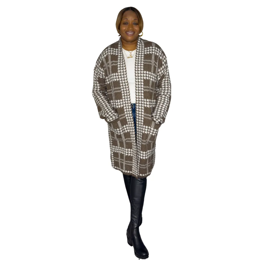 ‘Sarah’ Houndstooth Cardigan | Camel