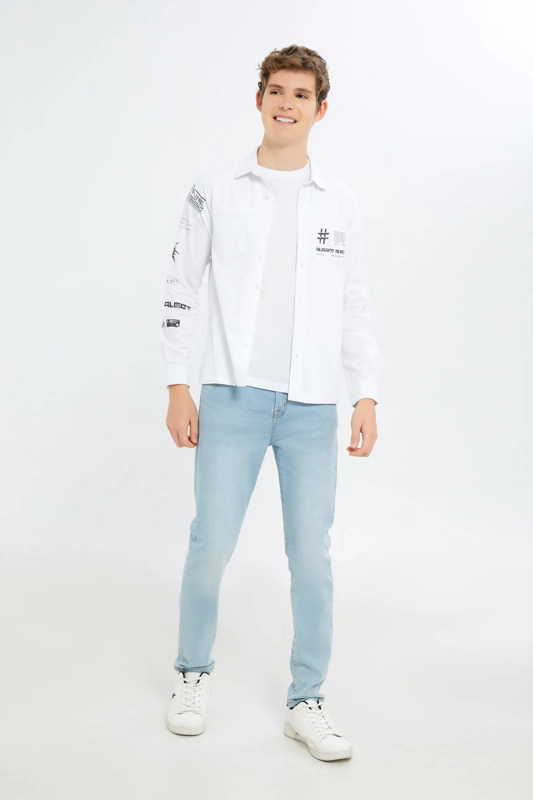 Senior Boys White Printed Shirt With T-Shirt (2 Piece)