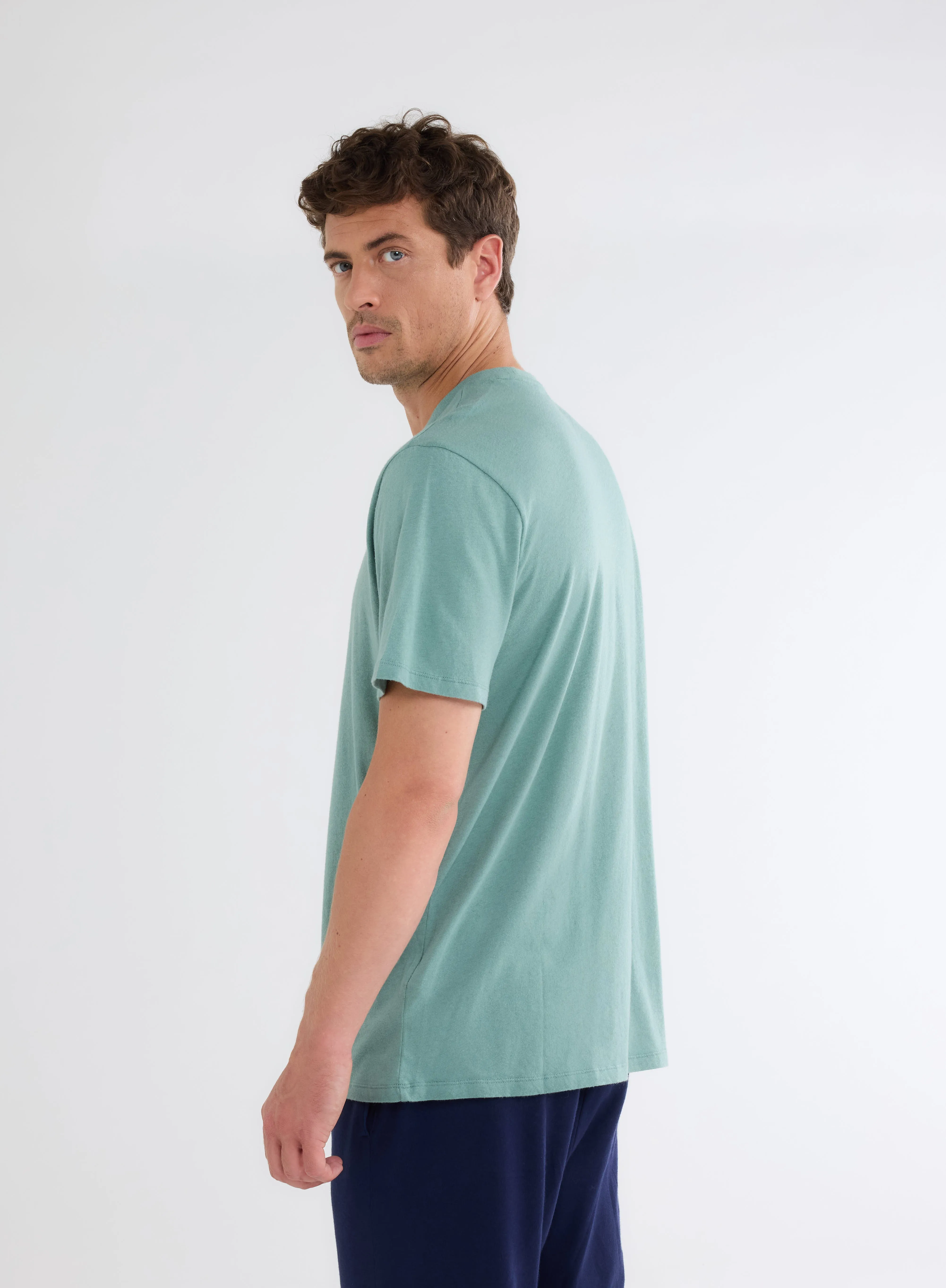 T-shirt Turquoise Col Rond Manches Courtes en Coton et Cachemire