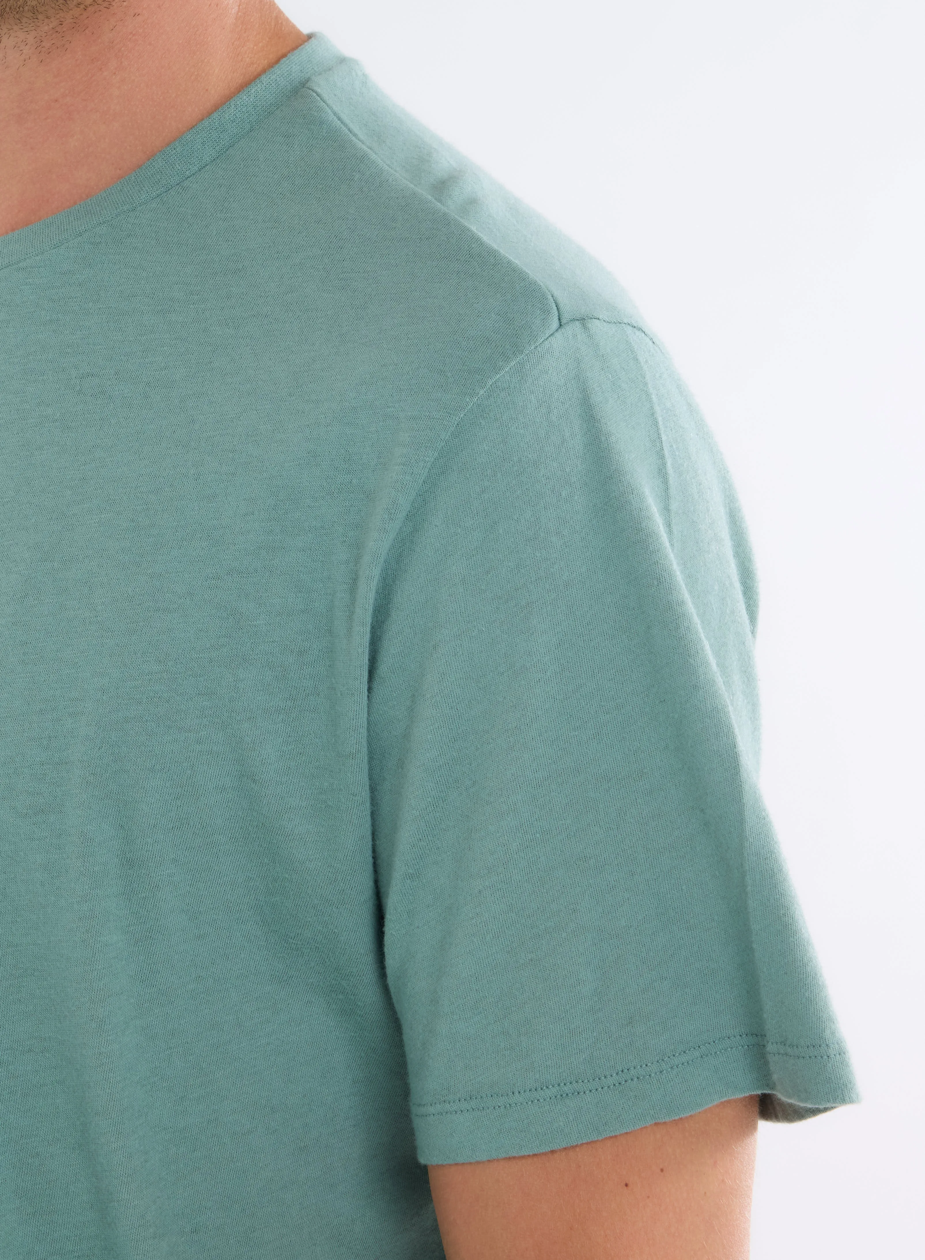 T-shirt Turquoise Col Rond Manches Courtes en Coton et Cachemire