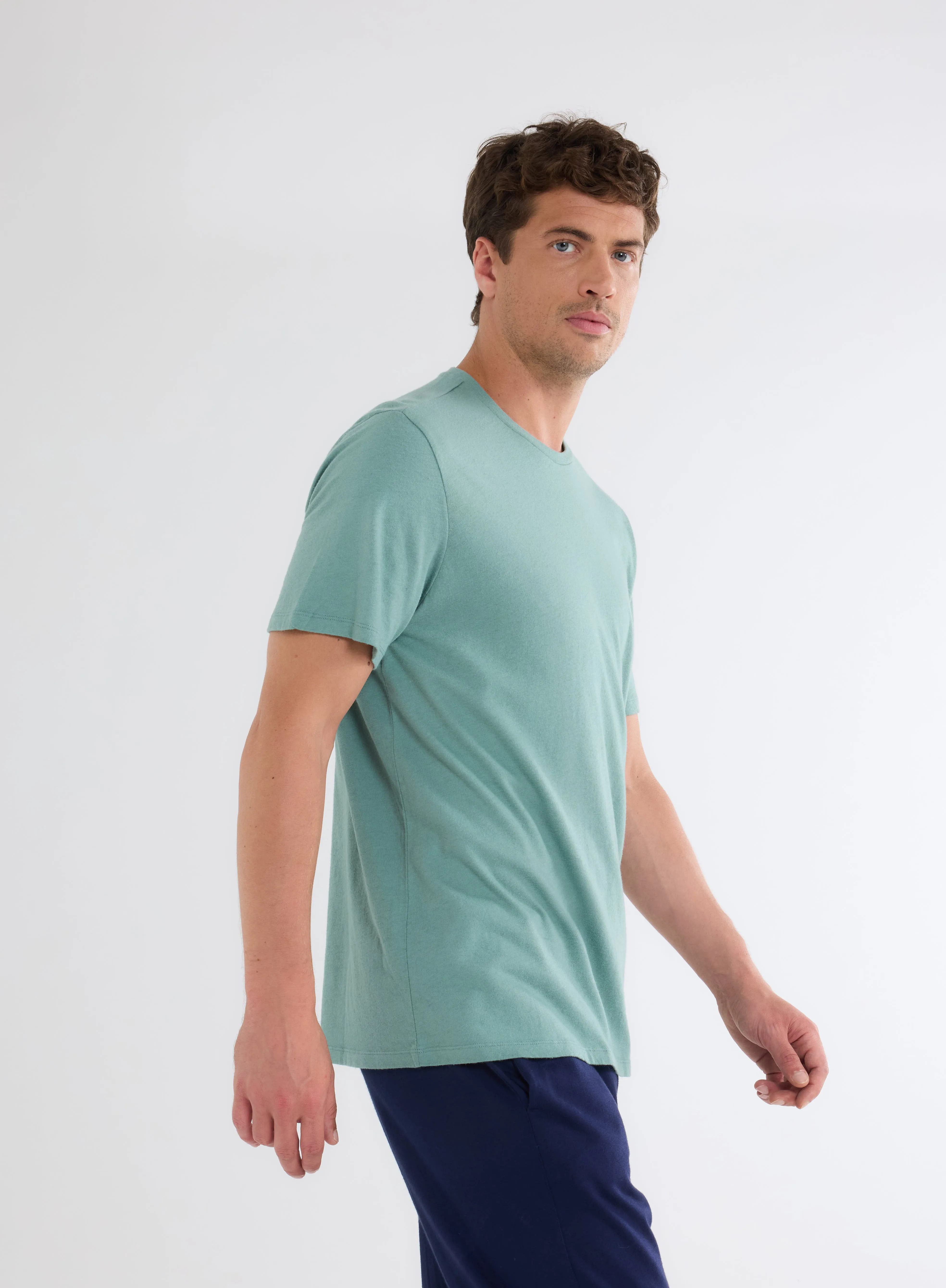 T-shirt Turquoise Col Rond Manches Courtes en Coton et Cachemire