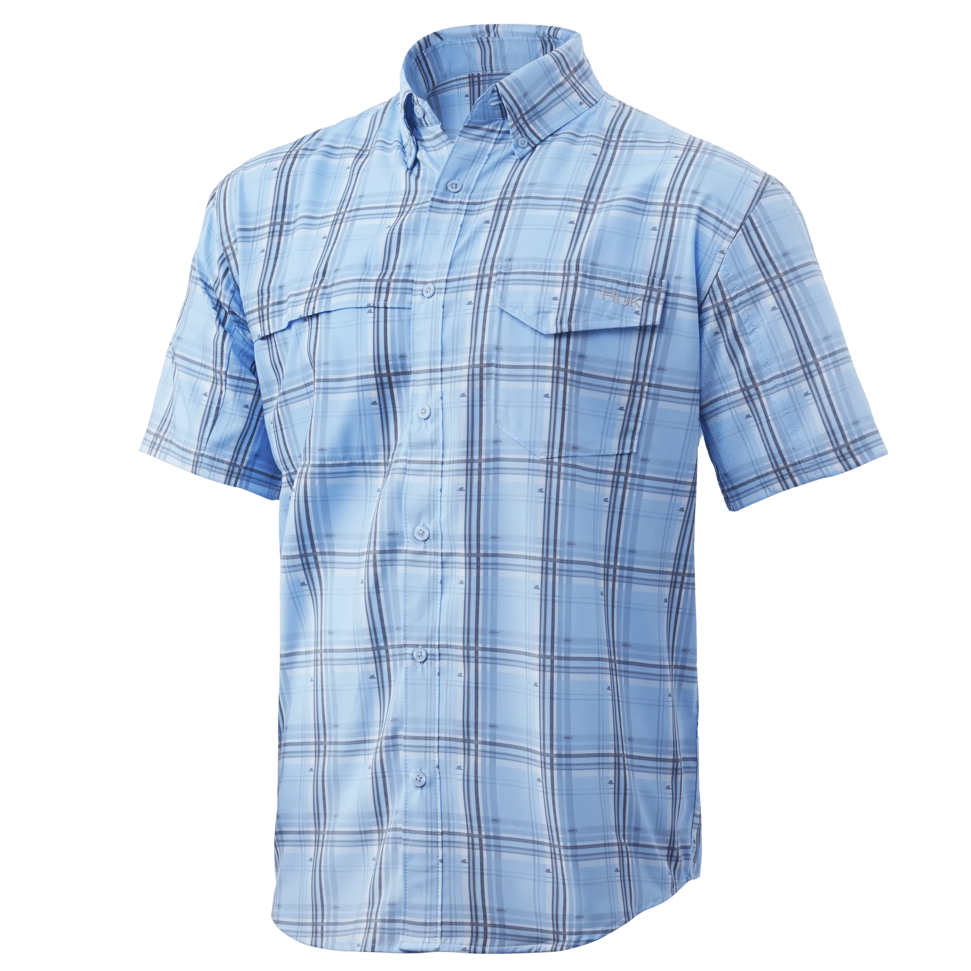 Tide Point Fish Plaid Short Sleeve Sport Shirt- Ice Blue