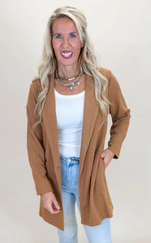 Waffle Knit Long Cardigan with Pockets