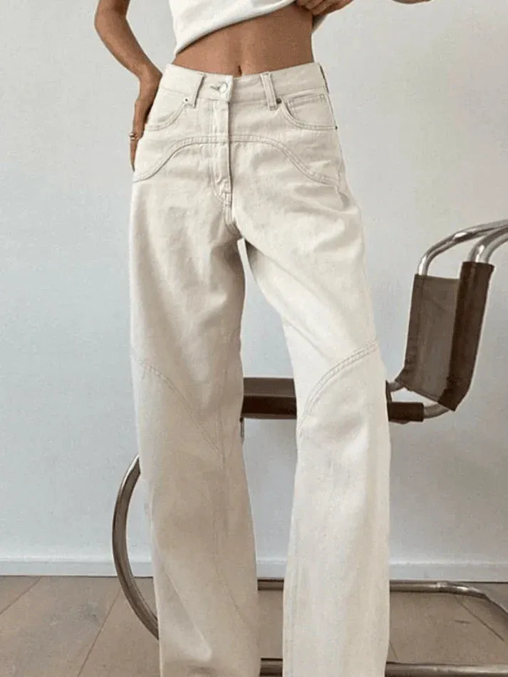 Wenkouban Vintage White Baggy Boyfriend Jeans with Splice