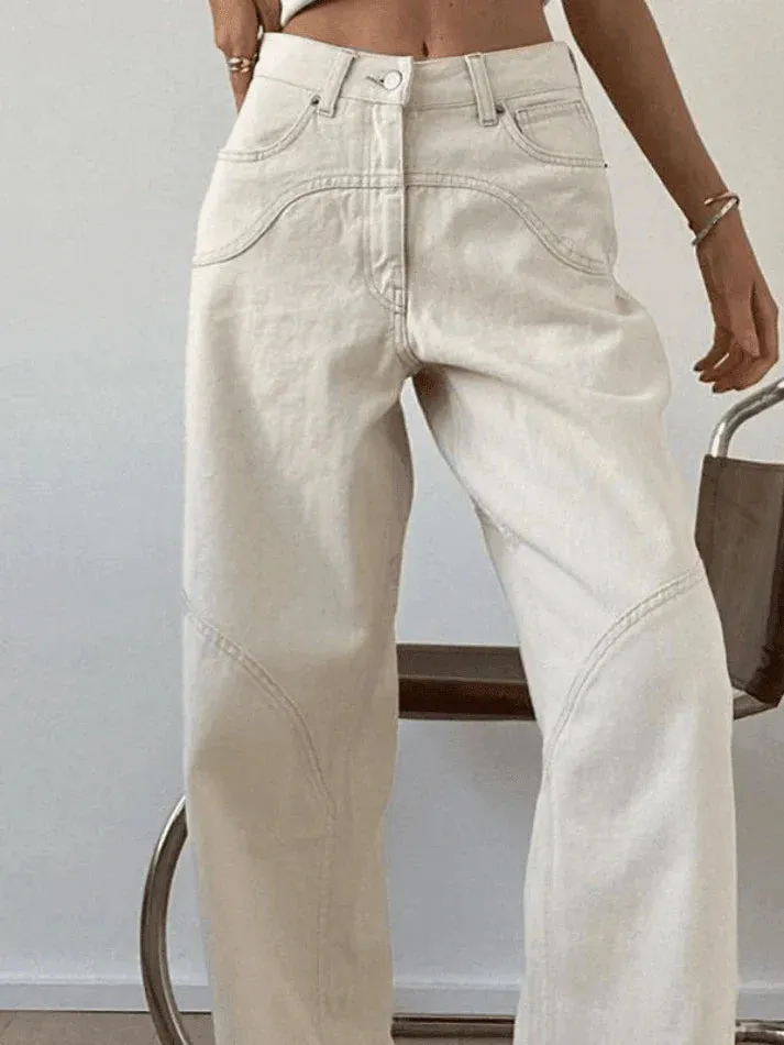 Wenkouban Vintage White Baggy Boyfriend Jeans with Splice