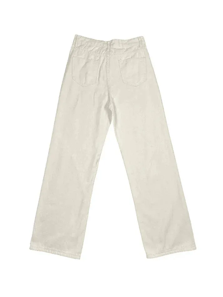 Wenkouban Vintage White Baggy Boyfriend Jeans with Splice