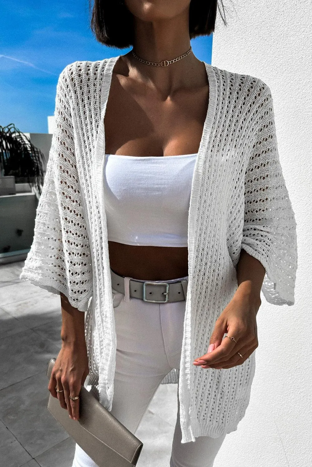 White Hollow-out Knit Kimono Lightweight Cardigan