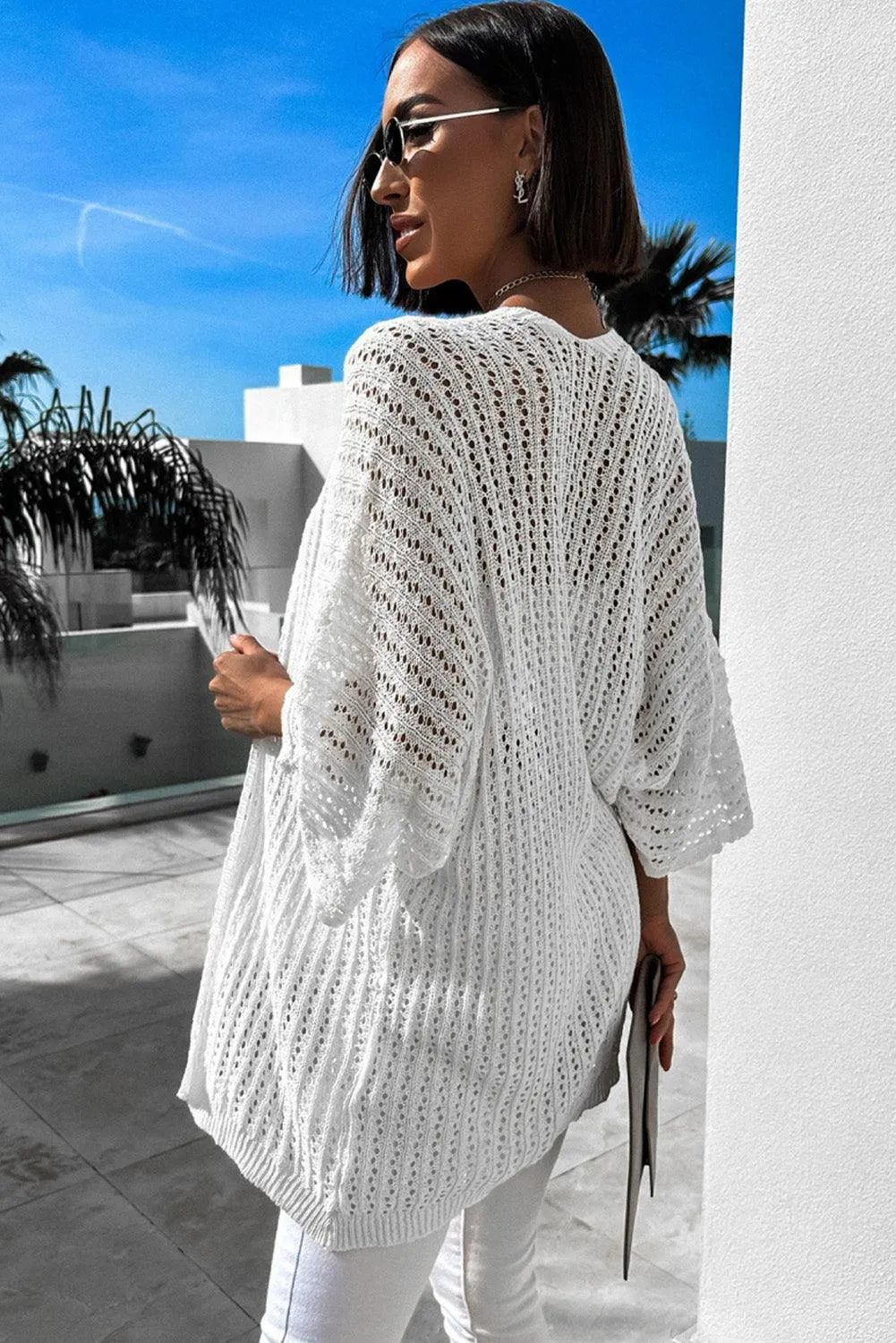 White Hollow-out Knit Kimono Lightweight Cardigan