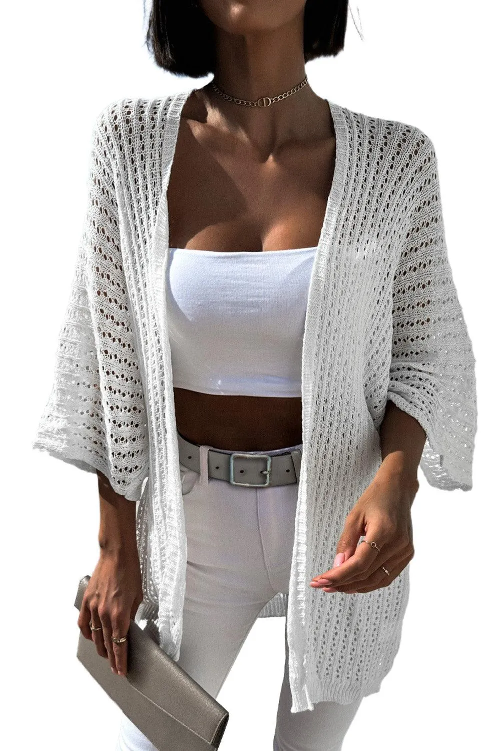 White Hollow-out Knit Kimono Lightweight Cardigan