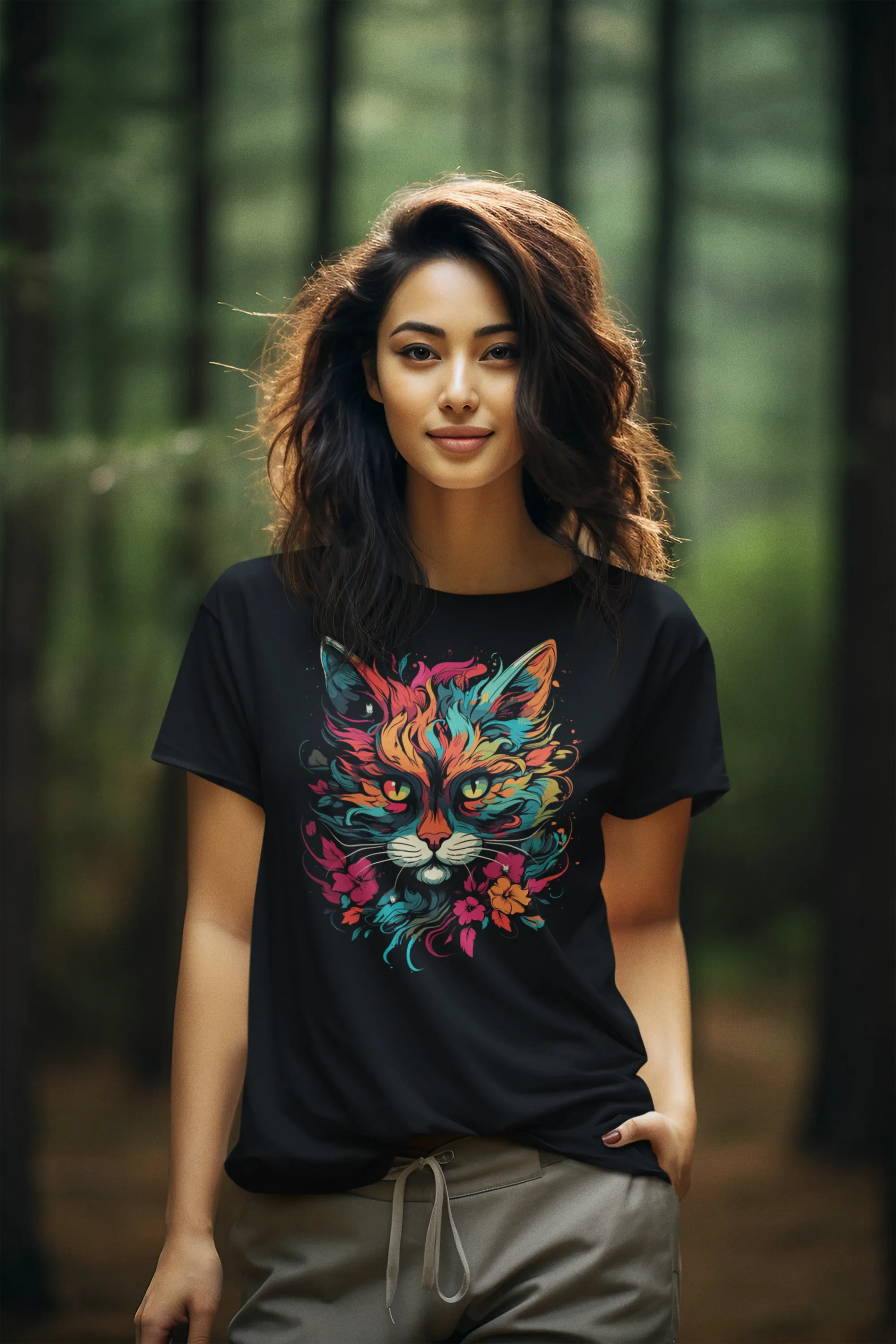 Women's Colorful Cat design Cotton T-Shirt