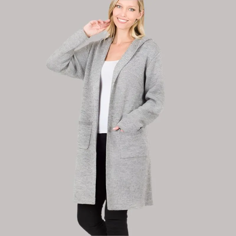 ZENANA Warm Hooded Open Front Cardigan with Pockets