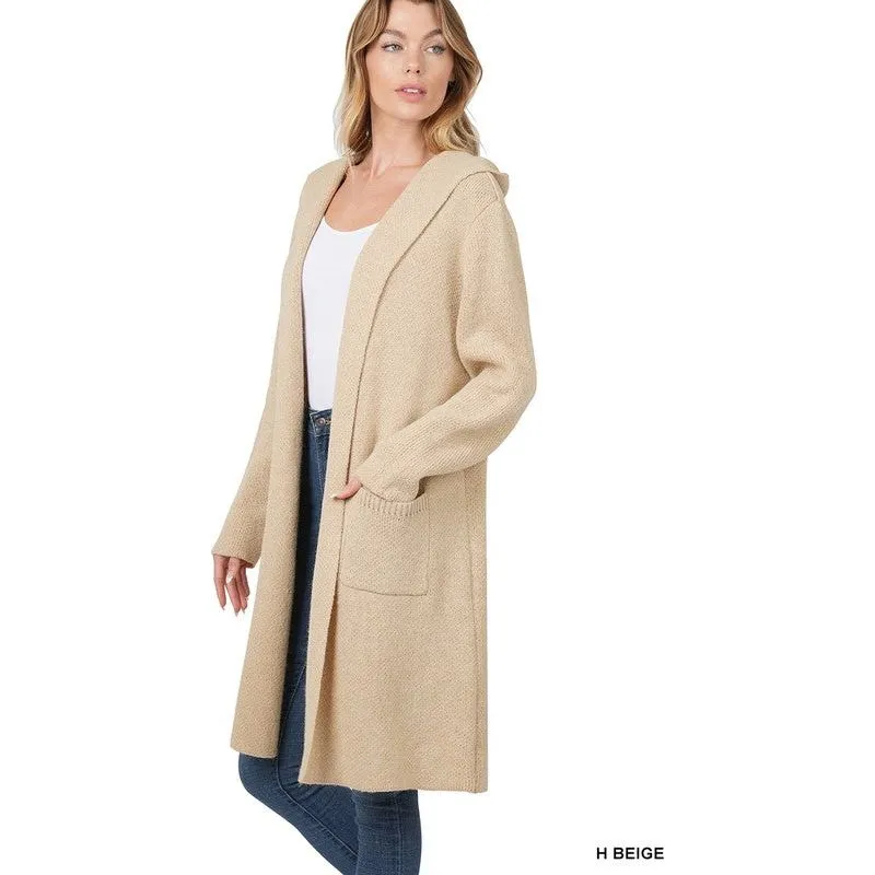 ZENANA Warm Hooded Open Front Cardigan with Pockets