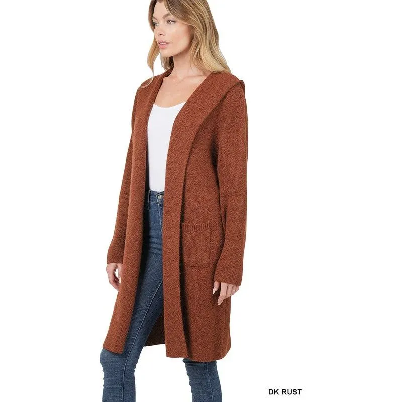 ZENANA Warm Hooded Open Front Cardigan with Pockets